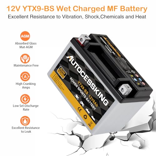 Image of YTX9-BS 12V 8Ah Motorcycle Battery, Rechargeable Sealed AGM Battery Maintenance Free Powersport Replacement Battery for ATV and Scooter