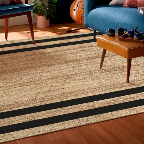 Image of Handwoven 2x6 feet Jute Rectangular Rug, Natural Fibers, Braided Reversible Carpet for Stylish Bedroom Living Room Dining Room Kids Room (2x6 feet, Black Square patta)