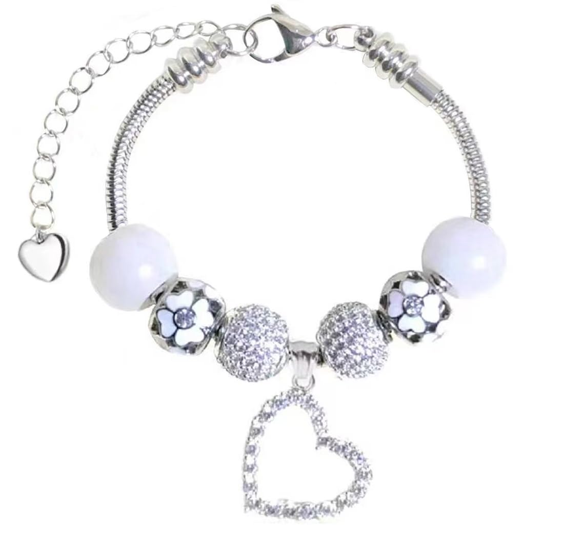 Fit Pandora Snake Bracelet with Heart Charms Set 8 inch White