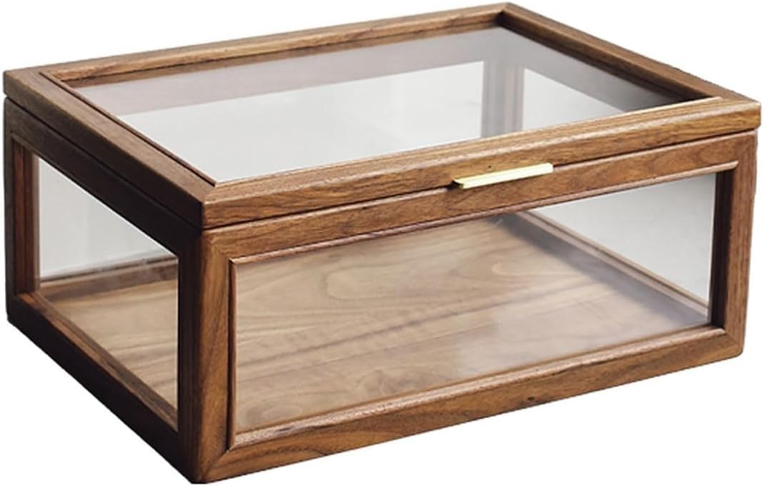 13.77 Inch Wood Display Box with Lid,Vintage Clear Glass Storage 1 Dustproof Protection Showcase for Collectibles (Brown)