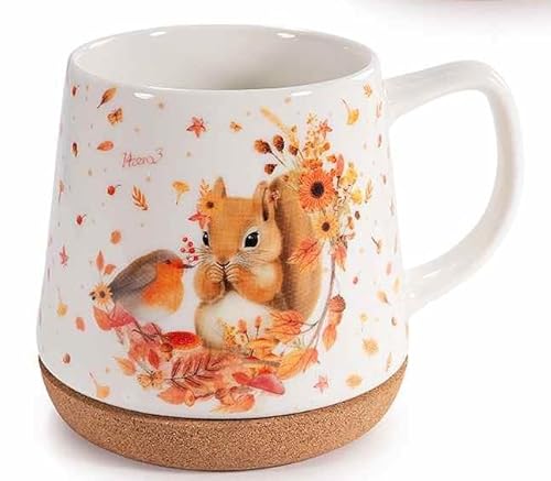Generico Tazza in Ceramica con Base in Sughero – Design Animali del Bosco (Volpe, Scoiattolo, Cerbiatto) – 500 ml (Scoiattolo)