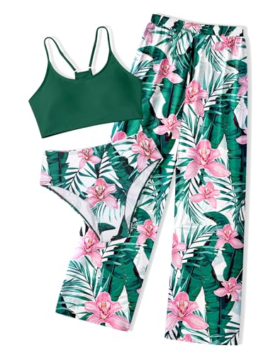 Image of NECIOUS Girls Swimsuit, 3 Piece Bikini Bathing Suit Tropical Floral Swimwear with Cover Up Pants 7-16Y