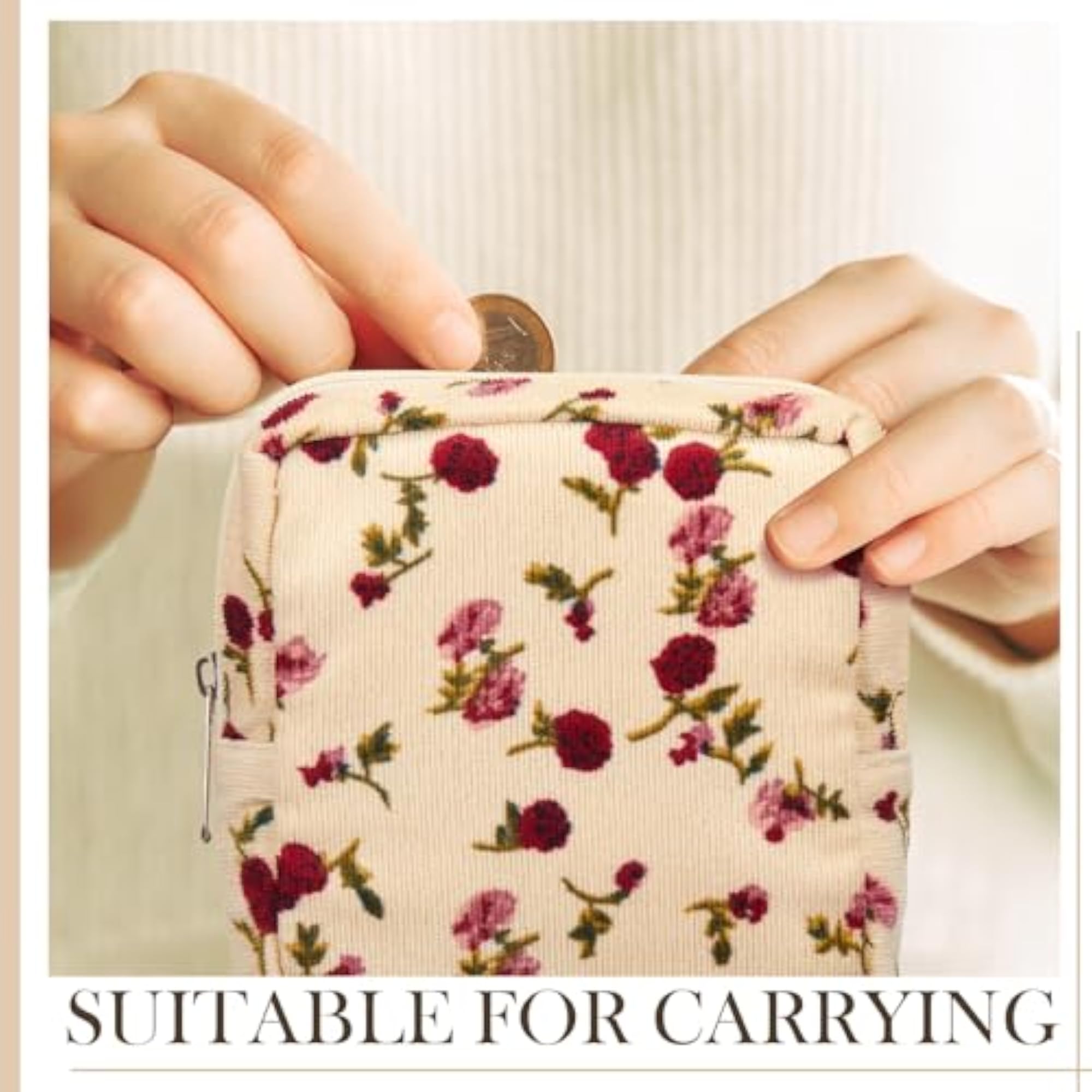 4 Pcs Floral Makeup Bag Corduroy Cosmetic Bag
