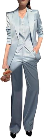 Womens 3 Piece Satin Suit Single Breasted Jacket V Neck Vest Pants For Daily Home
