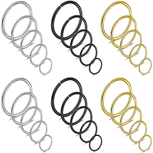 Ruifan 6-30PCS Non Pierced Stainless Steel Clip on Closure Round Ring Fake Nose Lip Helix Cartilage Tragus Ear Hoop Earrings Jewelry 20G