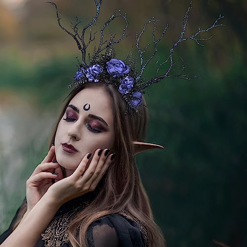 MOSTORY Geweih-Haarreif mit Zweigen für Damen, Waldgeweih-Haarreif mit blauer Blume für Renaissance-Cosplay-Kostüm