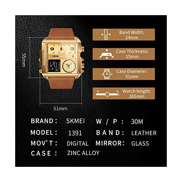 SKMEI Men's Digital Sports Watch, LED Square Large Face Analog Quartz Wrist Watch with Multi-Time Zone Waterproof Stopwatch, Golden brown, 2.17*2*0.59 inch, casual - Image 9