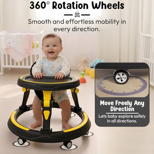 Image of StarAndDaisy Baby Walkers for 9+, 6-18 Month Baby boy & Girl 360 Walker for Kids for 6-24 Months with 7 Level Height Adjustment, Foldable Baby Walker with Smooth Wheels (Yellow-Black)