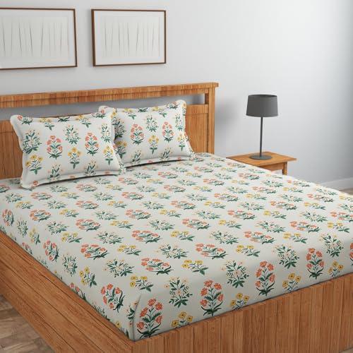 Image of Home Premium Cotton Flat Double Bedsheets with 2 Pillow Covers | Double Bed Breathable | Wrinklefree | Ultrasoft 210 tc Supersoft | 90 x 90 Inches|Print Floral, Green White & Yellow