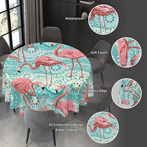 Yetta Yang Teal Pink Flamingo Flower Waterproof Picnic Patio Party Round Table Cloth Cover Decorations Fabric 60 Inch Circular Tablecloth For 20-47 Inch Home Dining Room Kitchen Decor #TOP4