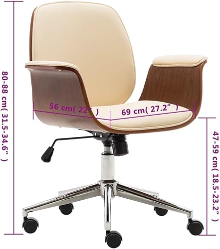 Miniatura 3 de vidaXL Silla de oficina de piel artificial color crema con marco de madera doblada y altura ajustable, asiento cómodo para el lugar de trabajo u