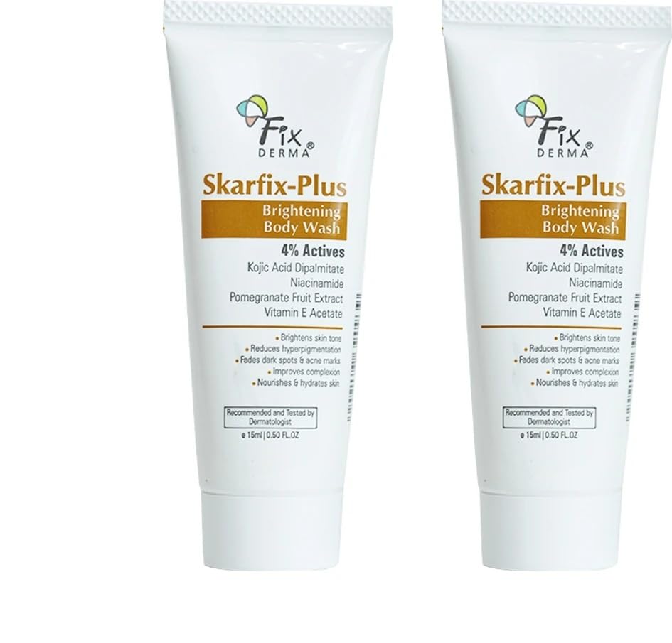 Image of Fixderma Skarfix Plus Brightening Body Wash with 4% Actives (Kojic Acid, Niacinamide Acid, & Vitamin E) | Skin Whitening Body Wash Shower Gel Women & Men | For Hyperpigmentation - 15ml (Pack of 2)