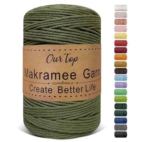 OurTop Hilo Macrame, 3mm x 300m Cuerda Macrame de 4 Hilos Cordon Macrame Hilo de Macramé para Manualidades, Colgar de La Pared, Decoración Bohemia, Verde Militar
