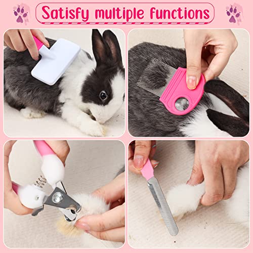 Vczone Pink Small Animal Grooming Kit With Nail Clipper, Flea Comb, Shampoo Brush, Slicker Brush, Massage Glove For Rabbits thumb #2