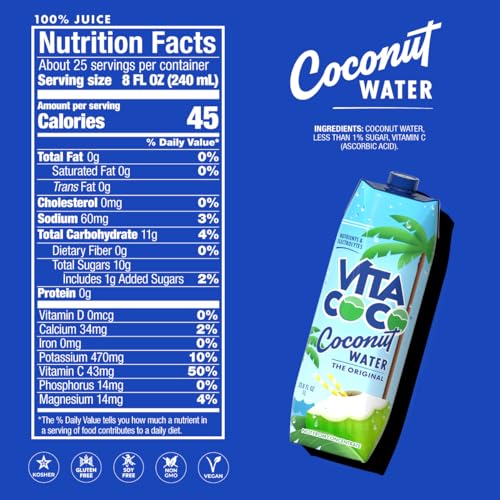 Image of Vita Coco Coconut Water, Pure Original, Refreshing Coconut Taste, Natural Electrolytes, Vital Nutrients, 33.8 Oz (Pack of 12)