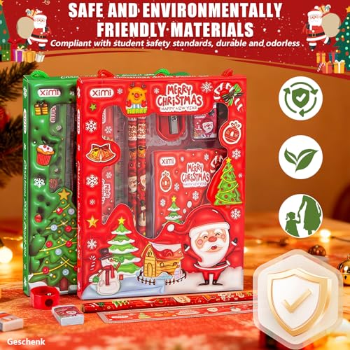 HapDeFu Weihnachts Briefpapier Set, Niedliches SchreibwarenSet, Schulbedarf Set mit Stift, Lineal, Spitzer, Radiergummi,Notizbuch,Festliches Lernset als Geschenk und Dekoration