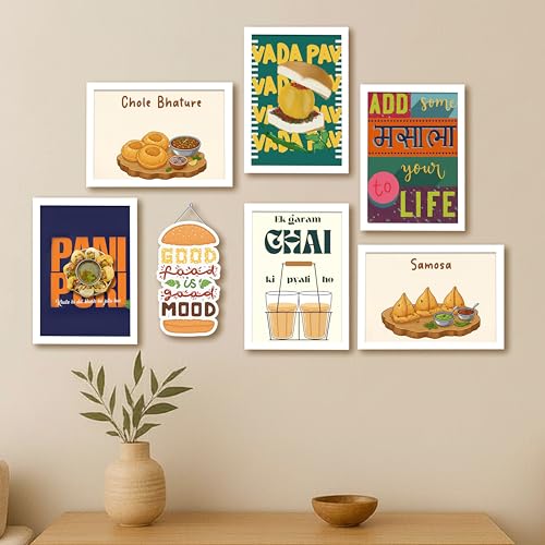 Image of PAINTINGMANTRA Indian Street Food Kitchen Framed Wall Art Painting Desi Food Illustrations & Quotes Painting with Frame for Kitchen, Bar, Restaurant, Set of 7 (1 MDF wall Hanging) 9x13 Inch