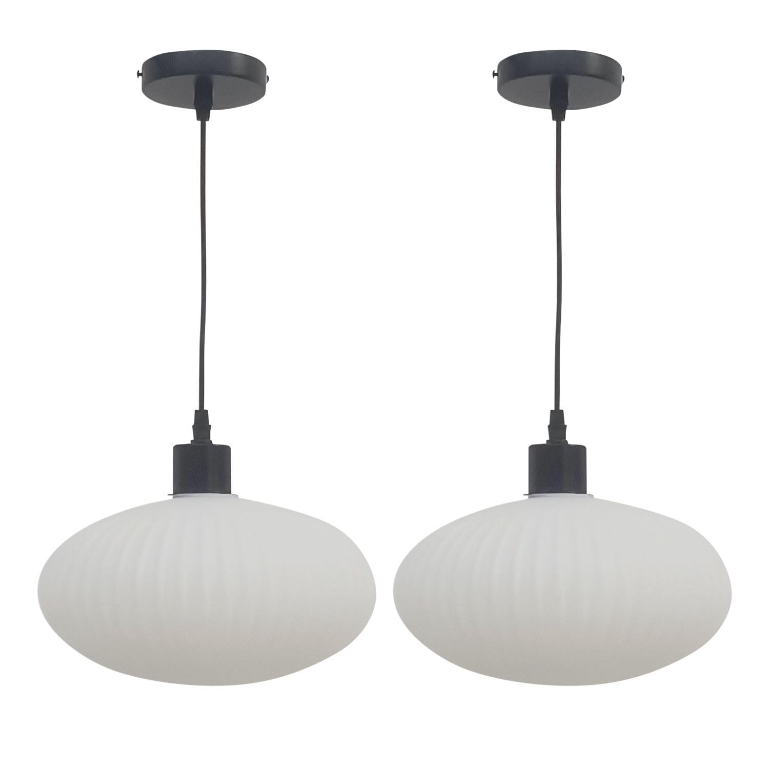 First Choice Lighting Set of 2 Baton White Ribbed Oval Glass Pendant Light with Black Fittings - 25cm Diameter