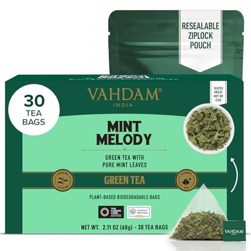 VAHDAM Mint Green Tea Bags(30 Count) Individually Wrapped Pyramid Teabags