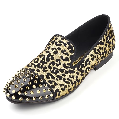Men Leopard Print Dress Shoes Glitter Sequin Loafers Spikes Cap Toe