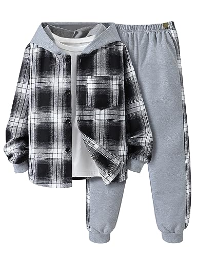 Image of Little Boys Two Pieces Outfit Kids Plaid Color Front Button Down Hoodie Sweatshirt and Jogger Sweatpants Sets