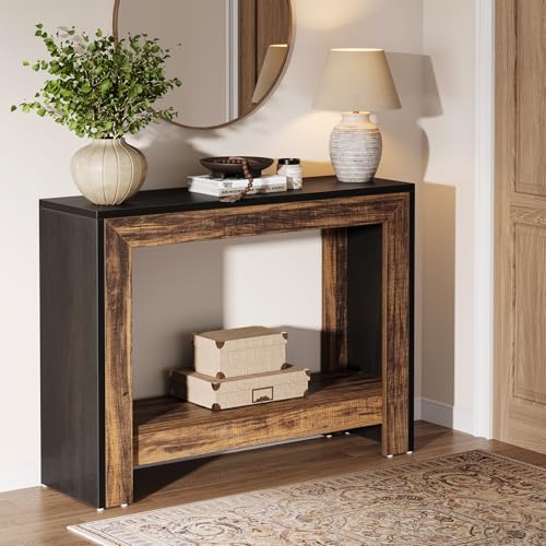 Tribesigns 41.2インチ ファームハウス コンソールテーブル 木製 玄関テーブル 収納棚付き 狭いコンソールテーブル ソファの後ろ 廊下用 玄関用 オープン収納 簡単組み立て ブラック+ブラウン