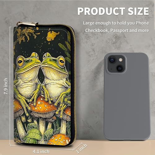 Wallet for Women's Double Zipper Phone Clutch, RFID Blocking PU Leather Credit Card Organizer Ladies Cardholder Wallets with Travel Grip Hand Strap, Mushroom Green Frog2