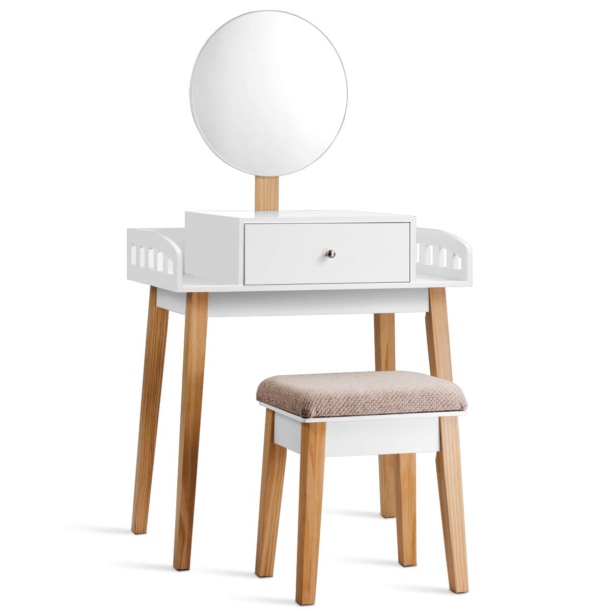 GOFLAME Vanity Dressing Table Set with Cushioned Stool & Height-Adjustable Large Mirror, Makeup Dressing Table Desk with Large Drawer for Home Office Bedroom Contemporary Vanity Table Desk, White-image-32
