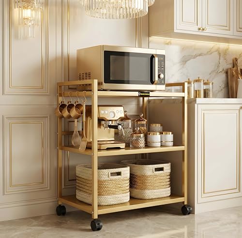 Image of Heavy Duty 3 Tier Metal Storage Rack with Wheels | Microwave Oven OTG Air Fryer & Printer Stand | Multipurpose Kitchen Utility Trolley (Golden)