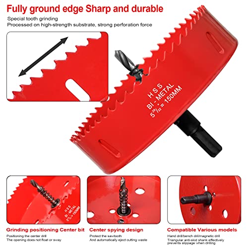 150mm Hole Saws Cutter, HSS Bi-Metal Drill Bit for Wood Plastic, UPVC, Fiberglass and Plasterboard, Red - Image 4