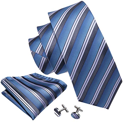 Image of Barry.Wang Tie Sets for Men Silk Stripe Necktie Woven Checkered Handkerchief Cufflinks Formal Business Wedding