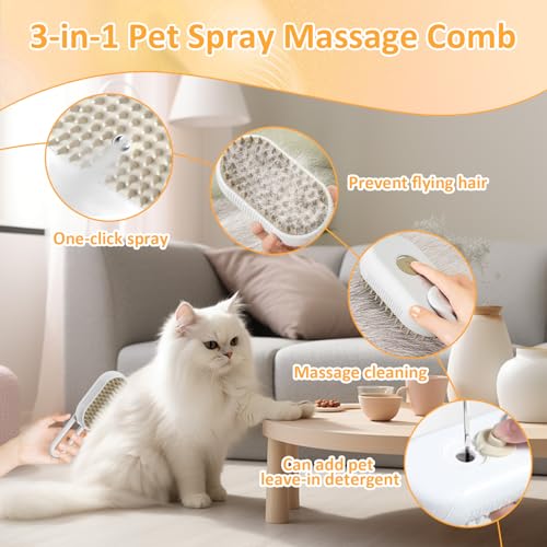 Necomi 3 in 1 Steam Cat Brush - Self Cleaning Massage Brush for Removing Static, Tangled and Loose Hair - Pet Hair Removal Comb for Cats and Dogs