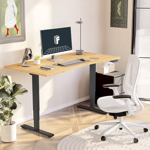Image of FLEXISPOT E6 Bamboo 3-Stage Dual Motor 60 x 30 Electric Standing Desk Sit Stand Up Desk, Holds 220 lbs, Adjustable Height w /Memory Presets, Solid Bamboo Curved Desktop & Black Frame, Ships in 2 Boxes