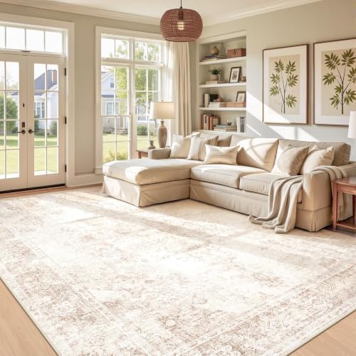 Area Rug 9x12 Vintage Rug: Large Washable Indoor Medallion Rugs Low Pile Distressed Floor Carpet Retro Accent Rug for Living Room Bedroom Kitchen Dining Table Home Office(Retro Beige, 9'x12')