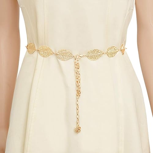 Miniatura 5 de Coucoland Cinturón de cadena de cintura ajustable para mujer, diseño de hoja de metal para vestido, Oro