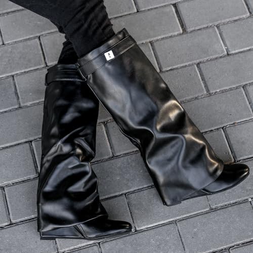 Fold Over Boots Women's Knee high Shark Boots Pointed Toe Wedge Heel Flat Shoes For Fall Winter Dress Boots3