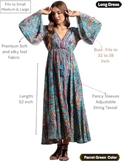 KE KANHA EXPORTS Long Dress for Woman | Boho Maxi Beach Wear Dress for Women | Soft Silky Fabric Border Print with Tassel Tie |Free Size |Size S-M-L