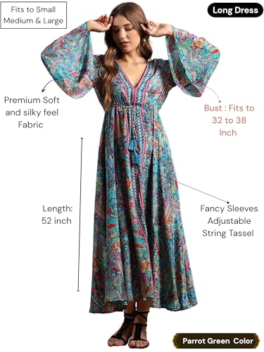 KE KANHA EXPORTS Long Dress for Woman | Boho Maxi Beach Wear Dress for Women | Soft Silky Fabric Border Print with Tassel Tie |Free Size |Size S-M-L
