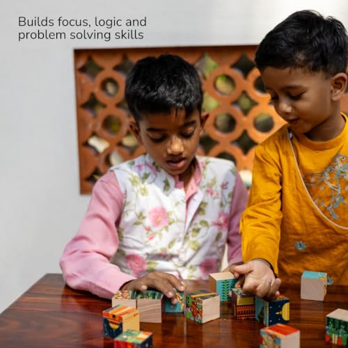 Image of 3D Wooden Toys for Kids 3-8 Yrs | 6 Puzzles in 1 Toy + 30 Activities | 12 Natual Wooden Puzzles for Kids with Activity Book | Indian Folk Art Wooden Blocks | Ramayana Theme