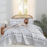 BOV White Boho Quilt Set Queen Size,3 Piece Reversible Lightweight Summer Bedding Quilts Queen Size with Bohemian Geometric Print,All-Season Cooling Bedspread & Pillowcases (Queen92 x96, Style2)