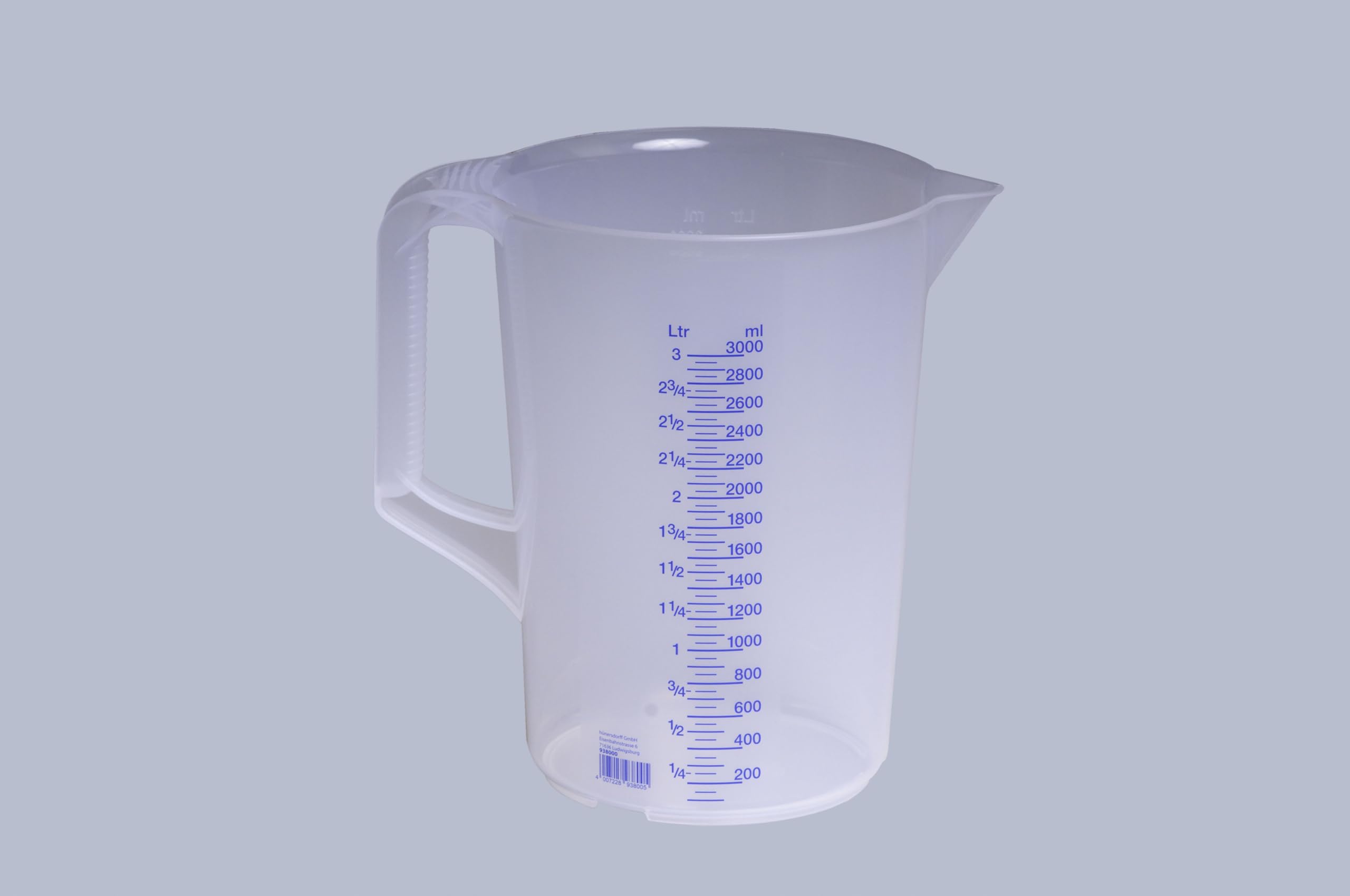 Hünersdorff Jarra medidora de polipropileno | 3.000 ml | PP | 2 escalas Asa abierta | transparente y apilable | jarra graduada