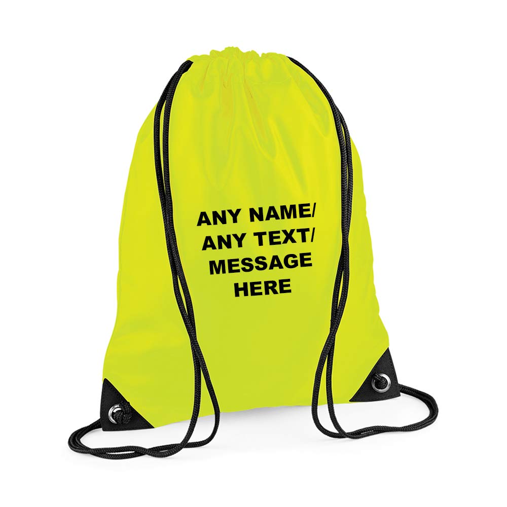 Getagift Personalised with your Own Any Name/Message/Text Premium Drawstring Bag, PE Gym Kit School, Swimming, Birthday/Secret Santa, PE Kids Sport Rucksack. (Fluorescent Yellow)