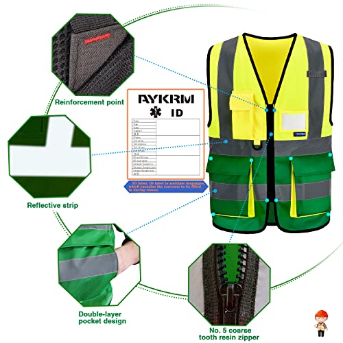 Image of Reflective Construction Vest, Radio Loop, Zipper, Yellow /Green, S | Yellow /Green S fabric work vest with transparent ID pocket, radio mic loop and reflective strips for property maintenance.