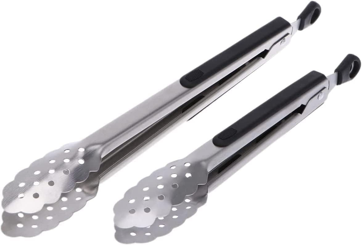 Stainless Steel Food 9 Inches Bread Toaster with Hole Salad Buffet Clip Cooking Barbeque Pliers(Size 2), Black