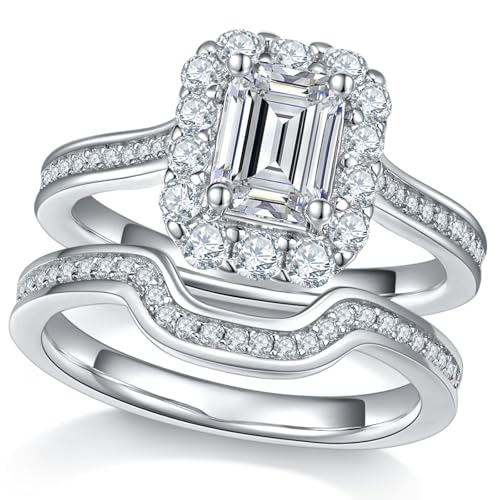 Moissanite Ring Emerald Cut Wedding Sets for Women Halo 1.85cttw (1CT Center Stone) D Color Platinum Plated 925 Sterling Silver