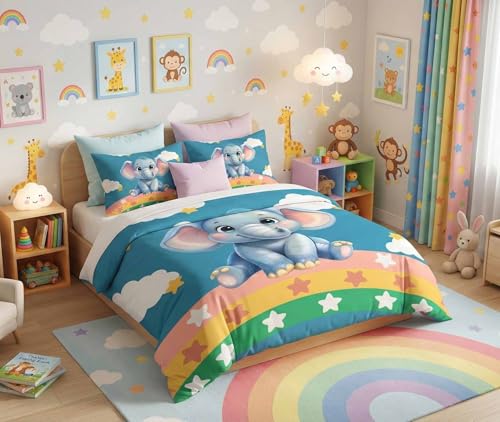 Image of HOMEKART Kids Cloud Cotton Bedsheet Double Bed | 210 TC Cartoon Printed Bedding Set with 2 Pillow Covers 7D | Soft, Wrinkle-Free | 108 x 108 Inches (Cute Elephant Rainbow)