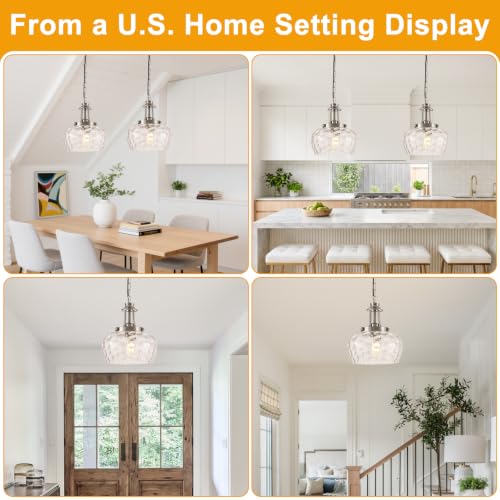 Image of Plug in Pendant Lights Kitchen Island, Modern Brushed Nickel Pendant Light Fixtures with 10 inch Clear Hammered Glass Shade, Industrial Hanging Pendant Lights Fixture for Kitchen Island Dining Room Foyer
