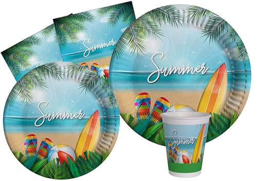 Kit vajilla de fiesta Summer Beach resistente y eco-friendly con platos y vasos para 24 invitados