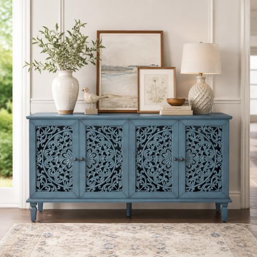 Image of Blue Sideboard Cabinet with Carved Doors, Blue Buffet Cabinet, Vintage Cabinet with Storage Shelves, Farmhouse Storage Cabinet for Dining Room, Living Room & Entryway