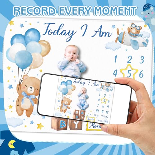 Image of Bear Baby Monthly Milestone Blanket Bear Star Balloon Flannel Blanket Newborn Infant Swaddle Baby Growth Blanket Photography Background with Wooden Signs,Frames,Bibs